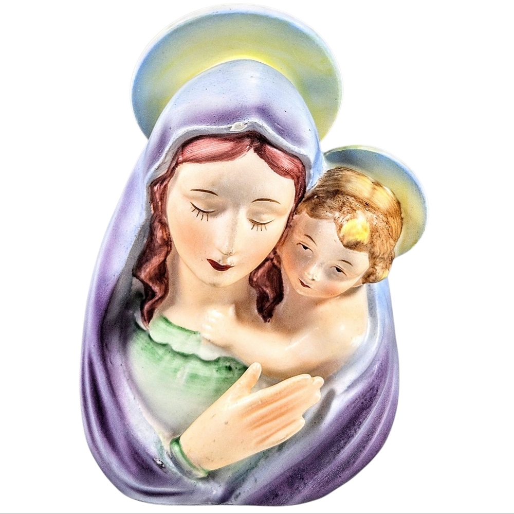 Vintage Ceramic National Potteries Madonna & Child Head Vase Planter 6 in